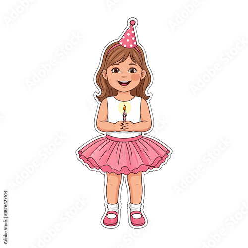 Smiling girl in pink tutu holding a candle for birthday celebration  