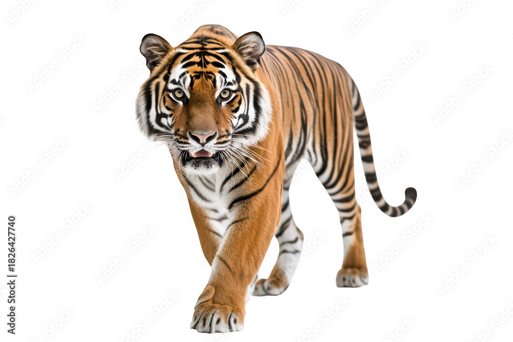 Obraz premium A majestic tiger confidently strides forward. its striking orange and black stripes against a clean white background. symbolizing strength and grace in the wild
