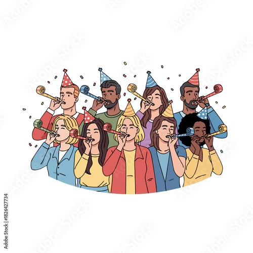 Group of young people celebrating and blowing party horns for birthday  