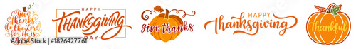 Thanksgiving Fall Quotes Lettering Bundle — Autumn Calligraphy Typography Set with Happy Thanksgiving, Give Thanks and Pumpkin Spice Phrases, Pumpkins, Leaves and Harvest Elements