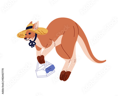 Cute kangaroo in summer hat jumps and carries picnic basket. Happy Australian animal leaps with hamper. Funny wallaby with wicker bag for eating in nature. Flat isolated vector illustration on white.