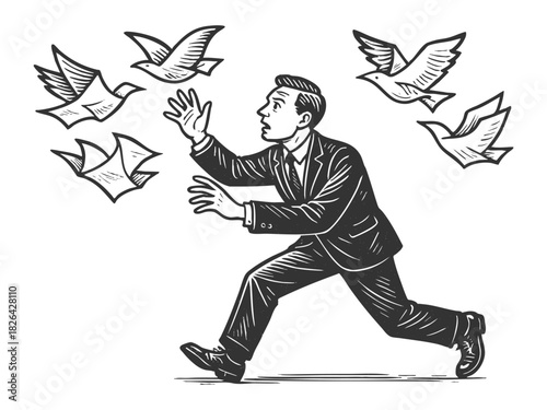 businessman running after papers that turn into birds, symbolizing lost opportunities or ideas sketch engraving generative ai fictional character vector illustration. Scratch board. Black and white.