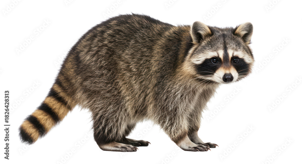 Obraz premium Raccoon (Procyon lotor) standing and looking at the camera, isolated on a black background, showcasing its distinct facial mask and striped tail.