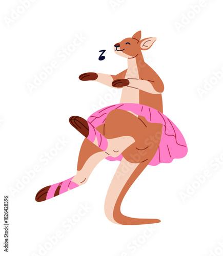 Happy kangaroo in pink tutu dances ballet. Cute dancer in costume moves with classical music. Funny anthropomorphic animal ballerina performs. Flat isolated vector illustration on white background.