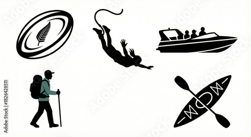 Diverse collection of outdoor adventure and nature-inspired activity icons, showcasing exploration and thrilling experiences for an active lifestyle