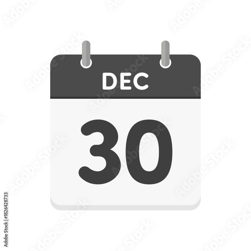 12月30日･DEC 30の日めくりカレンダーのアイコン - 12/30の日付入りの白黒の英語の暦