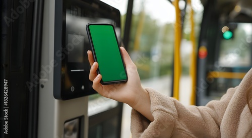 Woman using smartphone with green screen to pay fare on public transport terminal