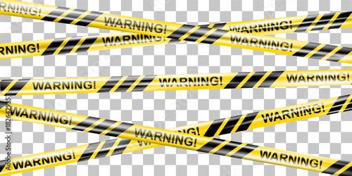 Realistic crossing caution tape of warning signs for crime scene or construction area in yellow. Police line and do not cross ribbon. Warning danger tape. Ribbons for accident, under construction