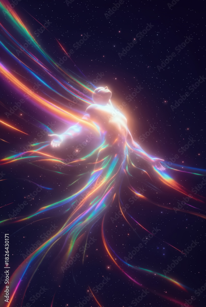 Obraz premium the generated art. A human figure made of threads of energies and luminous particles shines against the background of space