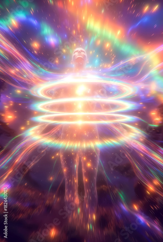 the generated art. A human figure made of threads of energies and luminous particles shines against the background of space