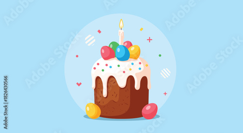 A festive illustration of a traditional Easter cake, adorned with colorful eggs, sweet icing, sprinkles, and a burning candle, against a cheerful blue backdrop.