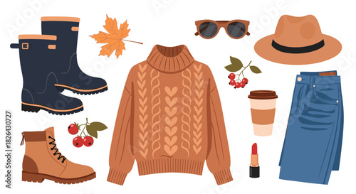 Autumn fashion flat lay with cozy sweater, jeans, boots, and seasonal accessories on a white background.