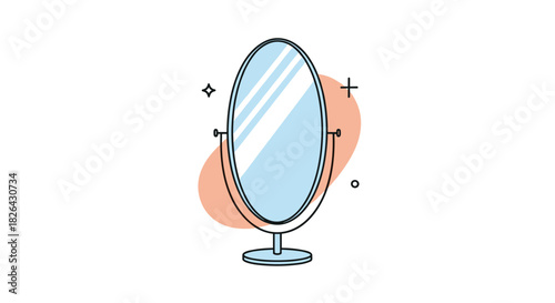 An elegant, simple standing mirror with an oval shape and a light blue reflection, complemented by modern abstract decor.