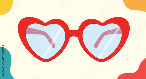 Playful red heart-shaped sunglasses with blue reflective lenses, illustrated in a flat, modern style on a light background with colorful accents.
