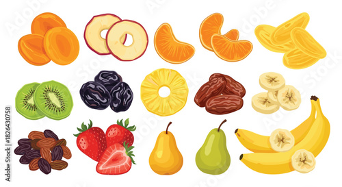 A diverse collection of colorful fresh and dried fruits, featuring an assortment of healthy snacks and ingredients like apricots, kiwi, bananas, dates, and strawberries.