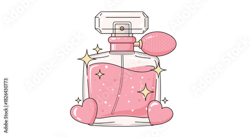 Charming illustration of a pink perfume bottle featuring a classic atomizer, shimmering liquid, and decorative hearts, perfect for feminine and romantic themes.