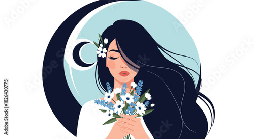 Stylized illustration of a peaceful woman with flowing dark hair, holding a delicate bouquet of white and blue flowers, framed by a crescent moon.