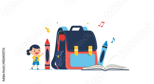 A joyful little girl stands by her colorful school backpack, a giant crayon, and an open book, symbolizing the excitement of learning and creative adventures.