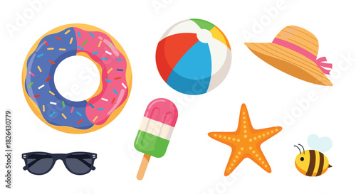 Bright and colorful collection of summer and vacation items, including a donut float, beach ball, sun hat, popsicle, starfish, sunglasses, and a bee.