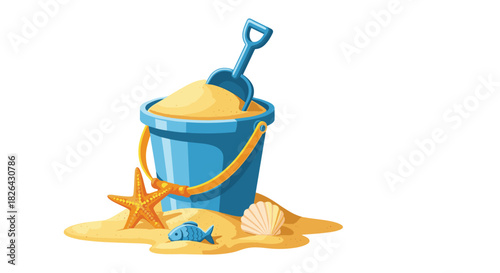 A blue sand bucket with a shovel, filled with sand, surrounded by beach treasures like a starfish, seashell, and fish on a white background.