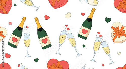 Seamless pattern with champagne bottles, clinking flutes, and heart-shaped gift boxes, ideal for romantic celebrations.