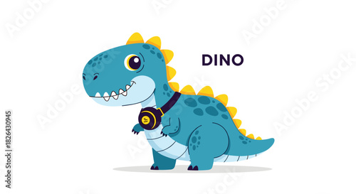 A cute blue cartoon dinosaur character named Dino, wearing headphones around its neck, smiles cheerfully on a white background.