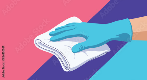 A gloved hand holds a white cloth, actively wiping a surface in a colorful, abstract setting, symbolizing cleaning and hygiene.