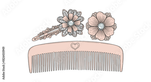 Vintage-style hair accessory set, featuring a pastel pink comb with heart detail and two delicate floral snap clips with pearl centers, on white.