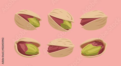 Illustrative set of six vibrant, partially opened pistachios featuring their green nuts and colorful skins, presented on a minimalist pink background.