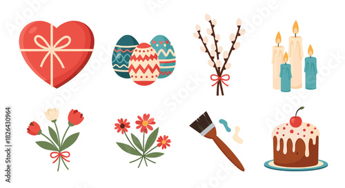 Diverse set of illustrations showcasing Easter celebration items, spring blossoms, and holiday decorations.