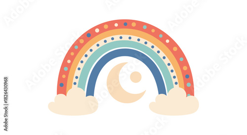 Whimsical illustration of a celestial pastel rainbow with a crescent moon and sun, accented with dots and fluffy clouds.