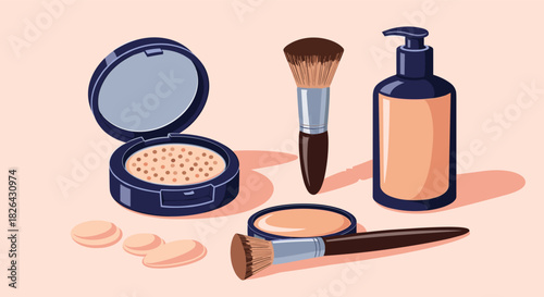 Essential makeup products and tools, including compact powder, liquid foundation, and various brushes, in a charming flat design illustration.