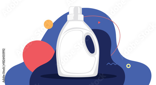 White laundry detergent bottle with a handle, presented as a graphic illustration against a vibrant abstract background with organic shapes.