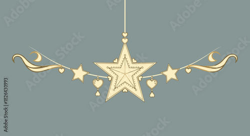 Elegant golden celestial garland with stars, hearts, and moons, suspended on a muted grey-blue background.