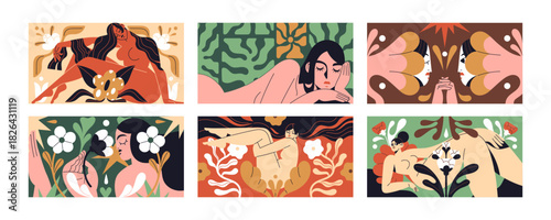 Abstract matisse art with flowers, naked women set. Cards in retro style with female figures, blooming plants. Artworks with girls' silhouettes, leaves. Sensuality collage. Flat vector illustrations.