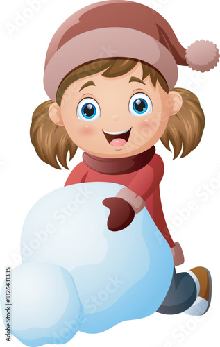 Cartoon little girl in winter clothes with big snowball