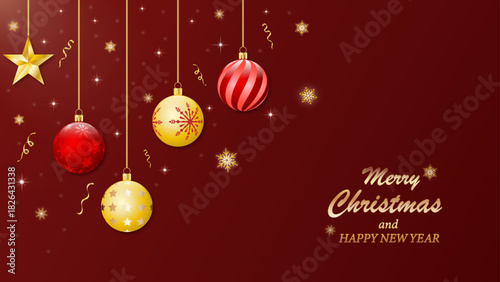 Luxurious Vector Illustration of Holiday Ornaments on Deep Red Background with Golden Typography