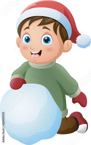 Cartoon little boy in winter clothes with big snowball