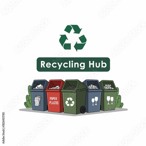 Illustrated collection of colorful sorting bins for effective waste management and environmental sustainability awareness