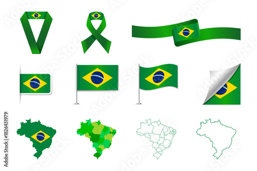Brazil Flag and Map Icons — National Ribbon, Waving Flag, Brazil Outline and Region Vector Set