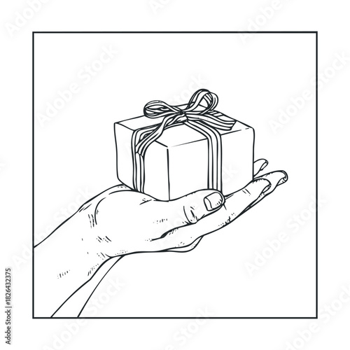 Outline sketch of a hand holding a small gift box