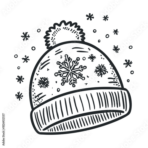 Engraving of a snowflake knit hat with a pompom
