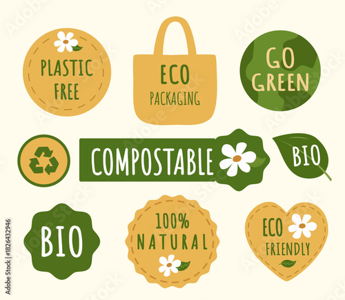 Set of eco labels in flat style for bio products, compostable packaging, plastic free goods. Green stickers with flowers, leaf, recycle symbol, go green and natural slogans for sustainable organic.