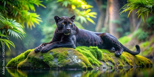 Majestic Black Panther Resting on Mossy Rock by Tranquil Water in Lush Green Forest