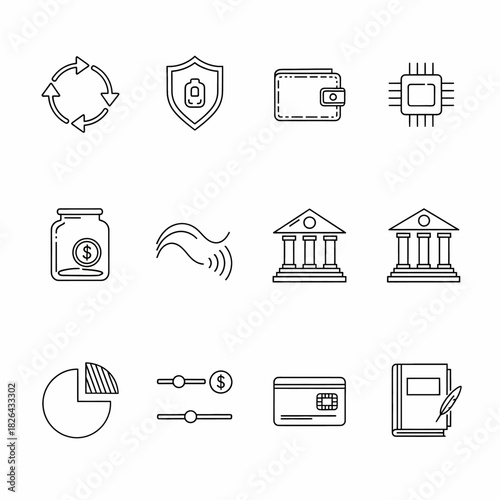 Financial Service Icons Security, Savings, Investment, Banking & Economic Growth Symbols