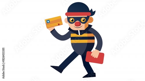 Cartoon thief with a credit card. Bank thief animation, alpha channel. Cartoon