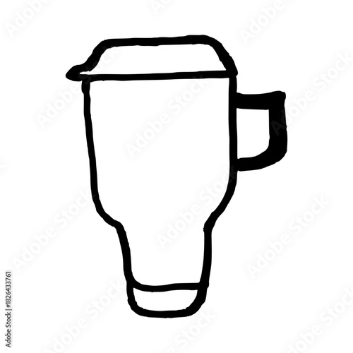 Coffee mug to go - thermal hot drink cup with closed lid. Doodle style hand drawn object. Simple isolated outline.