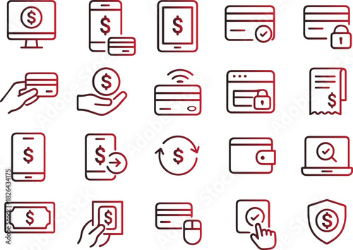 Set of Payment and Finance Icons Digital Transactions, Credit Cards, Mobile Banking, and Online Shopping. A versatile collection suitable for website design, presentations, and financial applications
