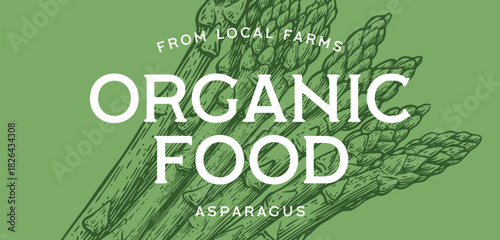 Asparagus, vegetable. Tag, label, sign, vintage retro print, black white asparagus drawing, sketch ink pencil draw, engrave old school style. Sketch artwork silhouette asparagus. Vector Illustration