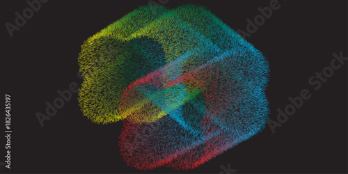 An abstract, dark digital background featuring a volumetric, intertwining form composed of dense, fine, short, and radiating "fur-like" particles or lines, creating a soft yet dynamic 3D shape that tr